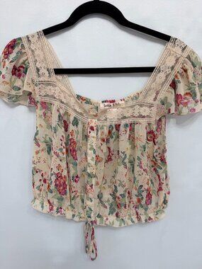 Lottie & Holly Floral Cottagecore Lace Trim Crop Top Large
